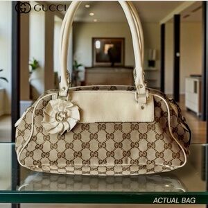 AUTHENTIC GUCCI CANVAS-LEATHER TROPHY BAG-SHOULDER BROWN-CREAM RARE